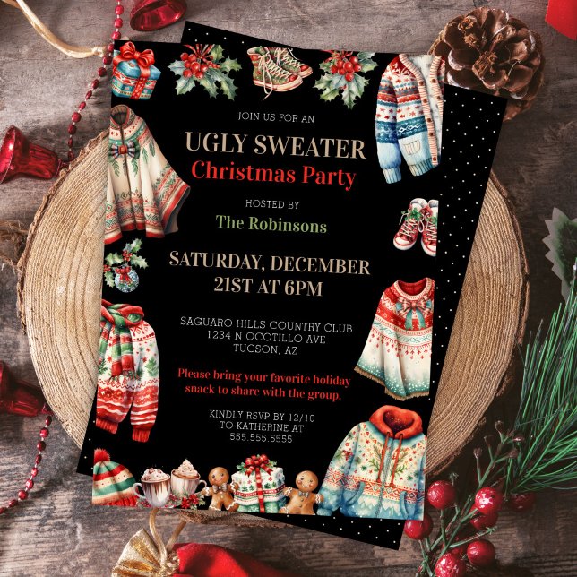 Invitation Fête d'échange de cadeaux de Noël moche moderne (Modern trendy ugly Christmas sweater gift exchange party invitation for corporate office work party)