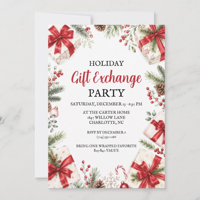 Invitation Fête d'échange de cadeaux de Noël Ruban rouge de N (Devant)