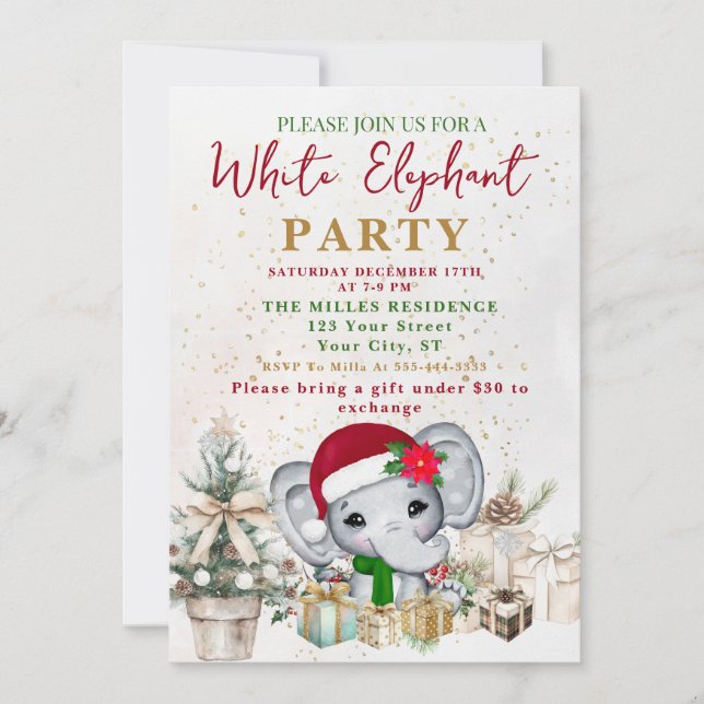 Invitation Fête d'échange de cadeaux éléphant blanc moderne (Devant)