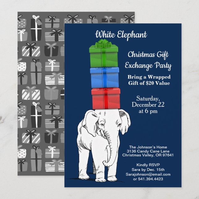 Invitation Fête d'échange de cadeaux empilés d'éléphant blanc (Devant / Derrière)