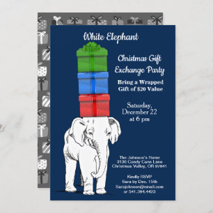 Invitation Fête d'échange de cadeaux empilés d'éléphant blanc