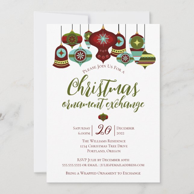 Invitation Fête d'échange de décorations Noël Rétro Boule de  (Devant)