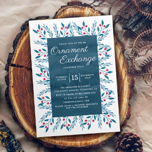 Invitation Fête d'échange d'ornement de Noël Aquarelle bleue