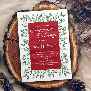 Invitation Fête d'échange d'ornement de Noël Aquarelle rouge