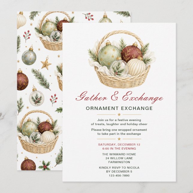 Invitation Fête d'échange d'ornements de Noël (Devant / Derrière)