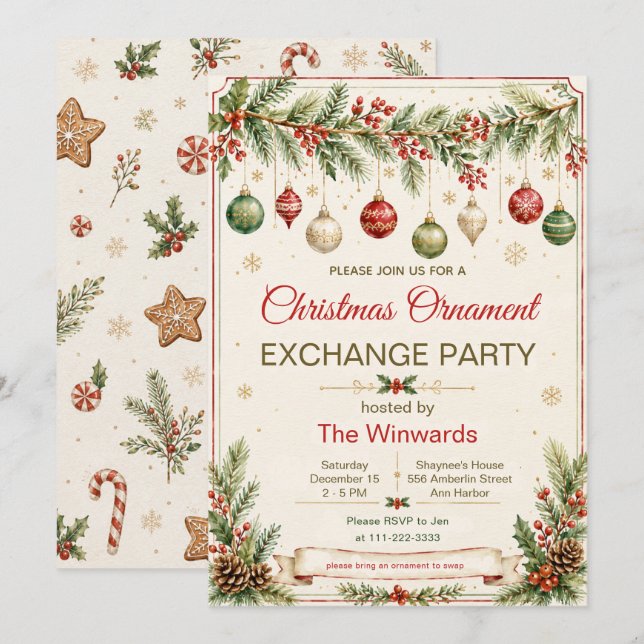 Invitation Fête d'échange d'ornements de Noël (Devant / Derrière)