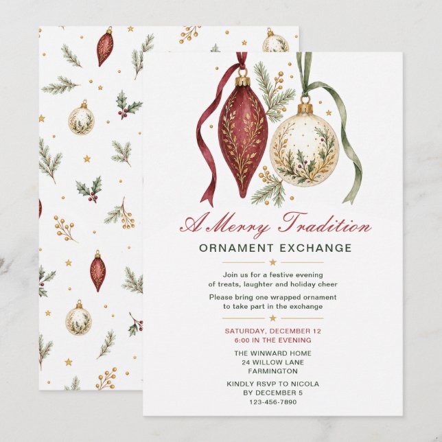 Invitation Fête d'échange d'ornements de Noël (Devant / Derrière)