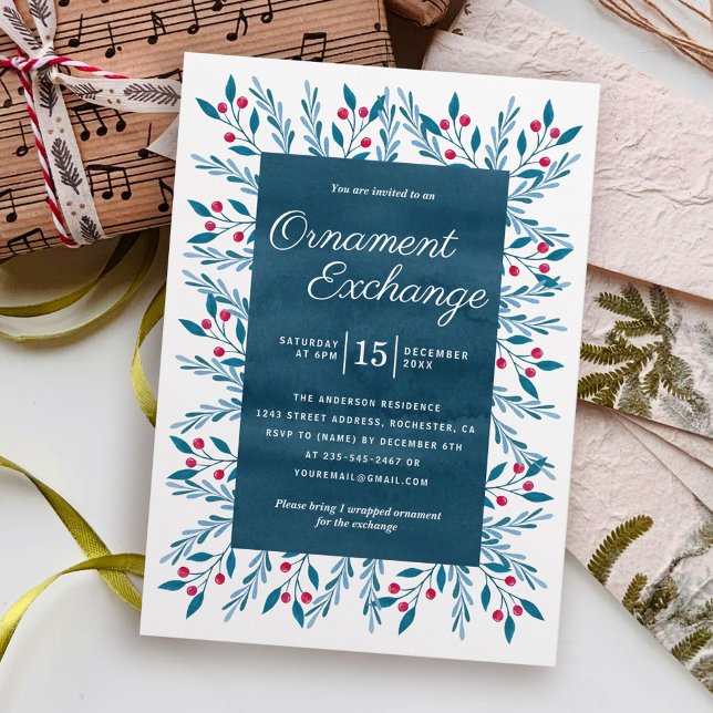 Invitation Fête d'échange d'ornements de Noël Bleu Aquarelle (Créateur téléchargé)
