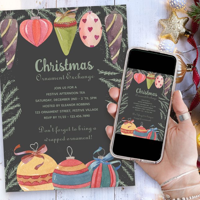 Invitation Fête d'échange d'ornements de Noël vintage (Christmas Ornament Exchange Party Invitation)