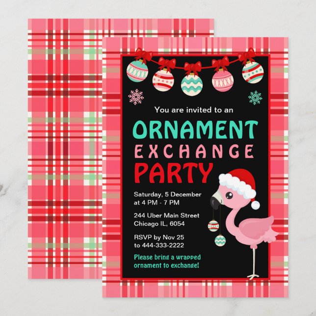Invitation Fête d'échange d'ornements de vacances de flamingo (Devant / Derrière)
