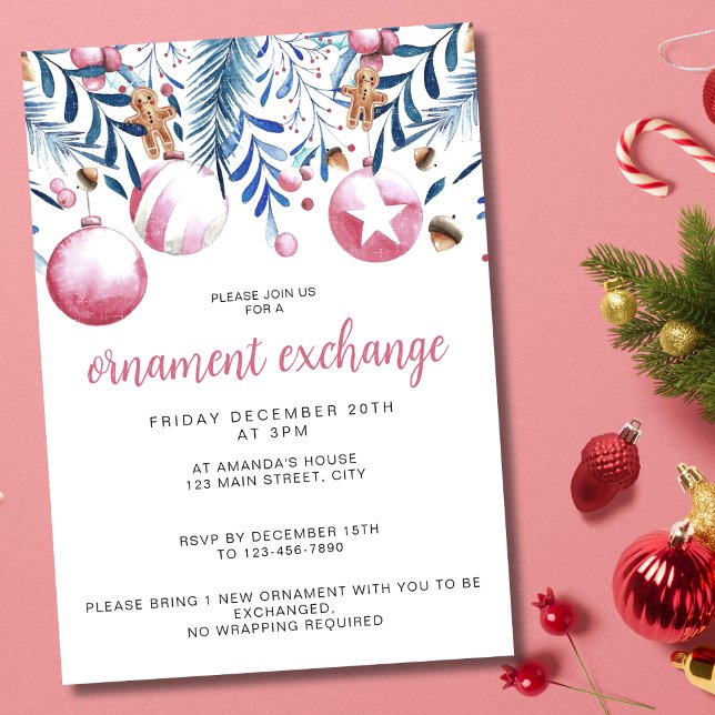 Invitation Fête d'échange d'ornements rose et bleu de Noël (Créateur téléchargé)