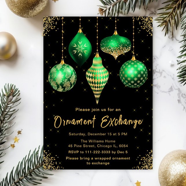 Invitation Fête d'échange d'ornements verts et dorés (Créateur téléchargé)