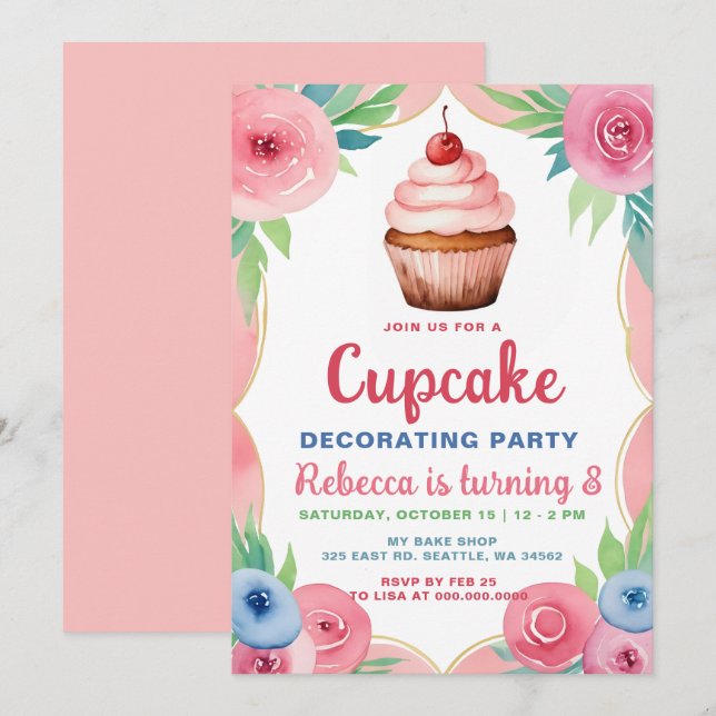 Invitation Fête Décoration Cupcake Fille Anniversaire (Devant / Derrière)