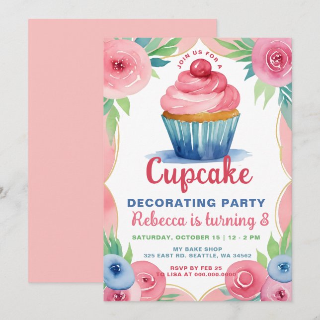 Invitation Fête Décoration Cupcake Fille Anniversaire (Devant / Derrière)