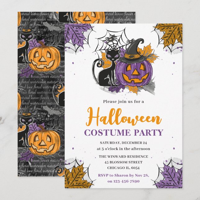 Invitation Fête déguisée d'Halloween à l'aquarelle Citrouille (Devant / Derrière)
