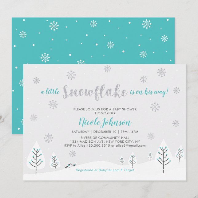 Invitation Fête d'enfant garçon Silver & Teal Winter Wonderla (Devant / Derrière)