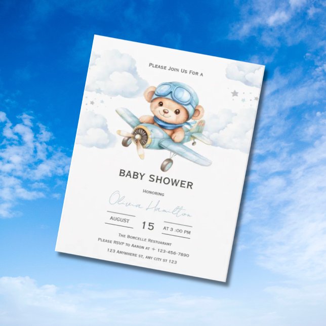 Invitation Fête d'enfant Ourson en avion à l'aquarelle (Créateur téléchargé)