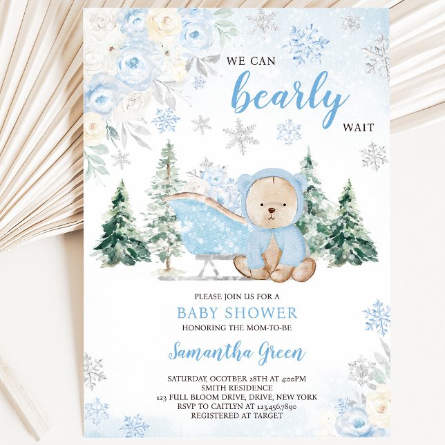 Invitation Fête d'enfant Ourson Hiver Bleu (Créateur téléchargé)