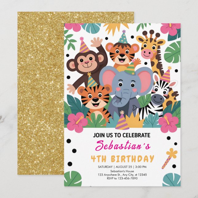 Invitation Fête d'enfants Animaux de Zoo Mignons (Devant / Derrière)