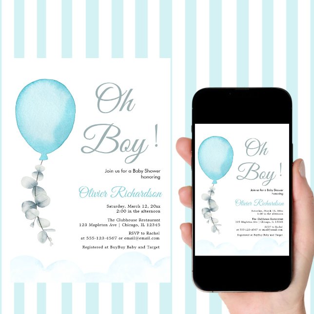 Invitation Fête d'enfants drôles Ballons Bleus Bébé Garçon  (Créateur téléchargé)