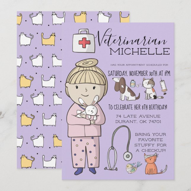 Invitation Fête d'enfants sur le thème vétérinaire (Devant / Derrière)