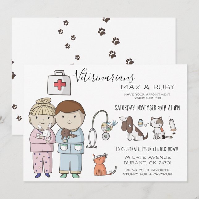 Invitation Fête d'enfants sur le thème vétérinaire pour garço (Devant / Derrière)