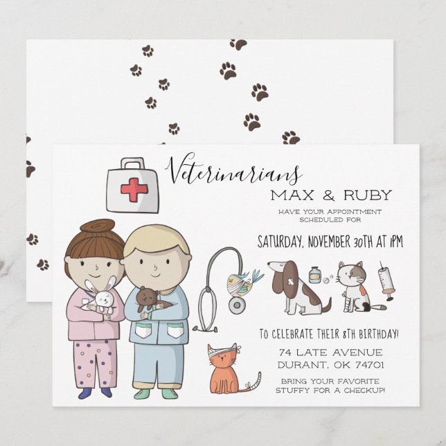 Invitation Fête d'enfants sur le thème vétérinaire pour garço (Devant / Derrière)