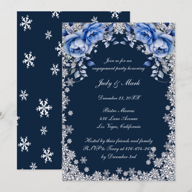 Invitation Fête d'engagement de Noël des Roses bleus (Devant / Derrière)