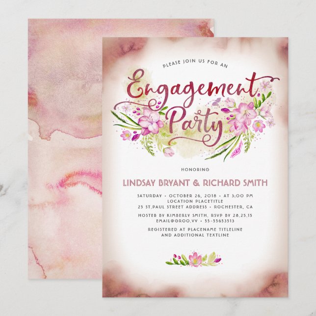Invitation Fête d'engagement de script floral de couleur d'ea (Devant / Derrière)