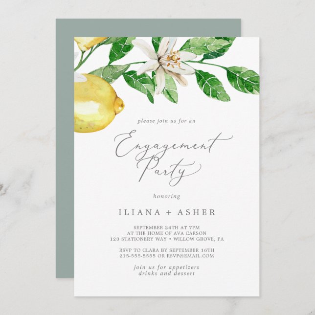Invitation Fête d'engagement du jardin de citron moderne (Devant / Derrière)