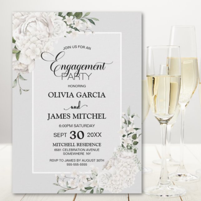 Invitation Fête d'engagement en gris floral blanc (Créateur téléchargé)