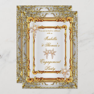 Invitation Fête d'engagement Gold White Damask Flowers