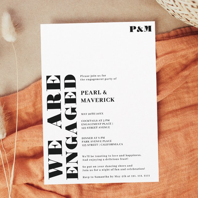 Invitation Fête d'engagement mariage en noir blanc (Bold simple black white wedding engagement party invitation)