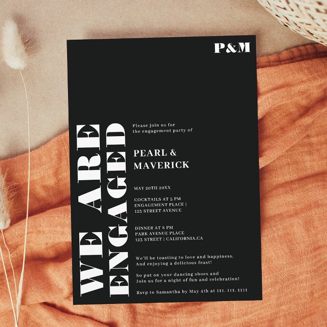 Invitation Fête d'engagement mariage noir blanc en gras (Bold simple white black wedding engagement party invitation)