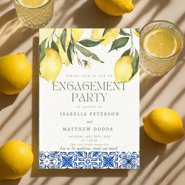 Invitation Fête d'engagement moderne Lemon Méditerranée (Modern Lemon Mediterranean Engagement Party Invitation)