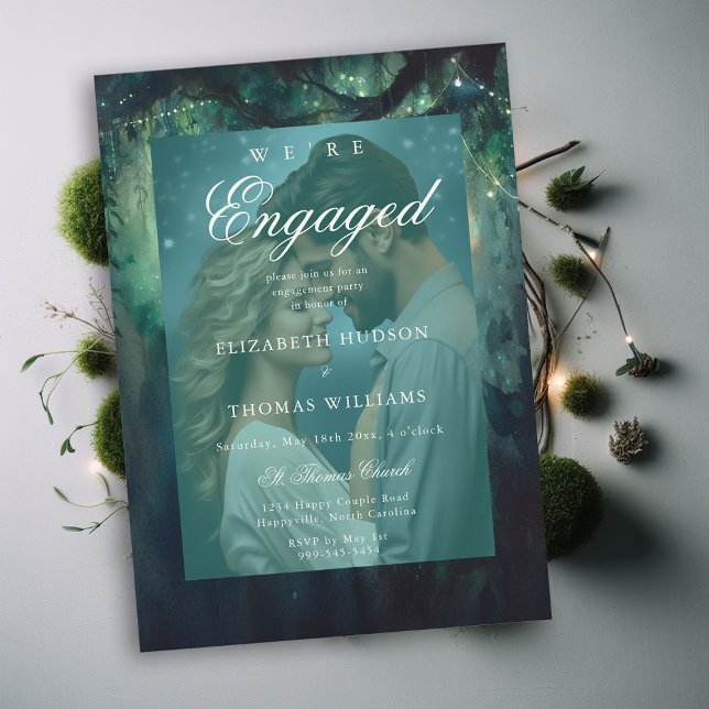 Invitation Fête d'engagement photo de forêt émérite (enchanted forest were engaged engagement photo party invitation emerald classic elegant modern chic)
