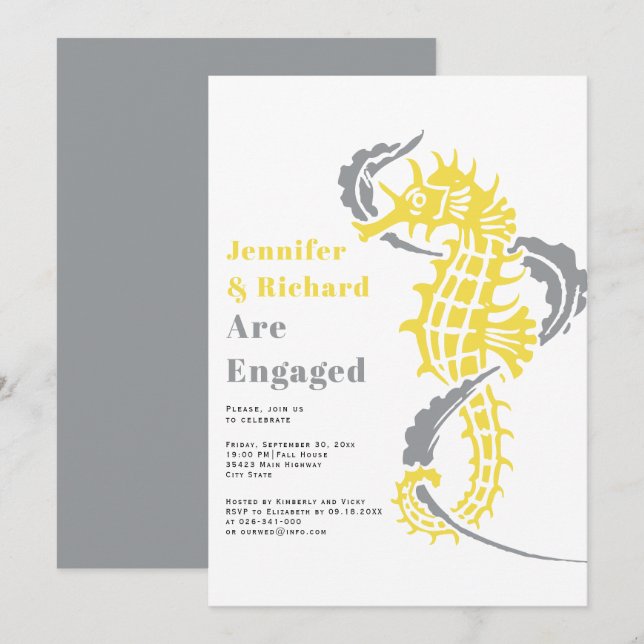 Invitation Fête d'engagement pour les hippocampes gris et jau (Devant / Derrière)