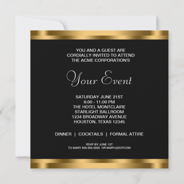 Invitation Fête d'entreprise Black White Gold Black Tie (Devant)