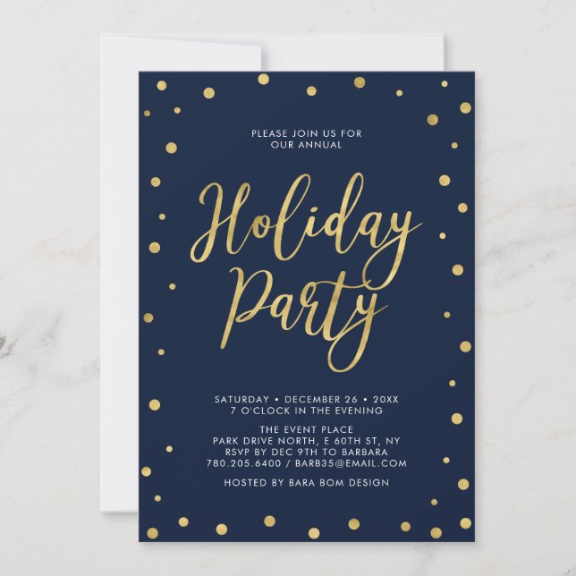 Invitation Fête d'entreprise chic confetti or et marine pour  (Devant)