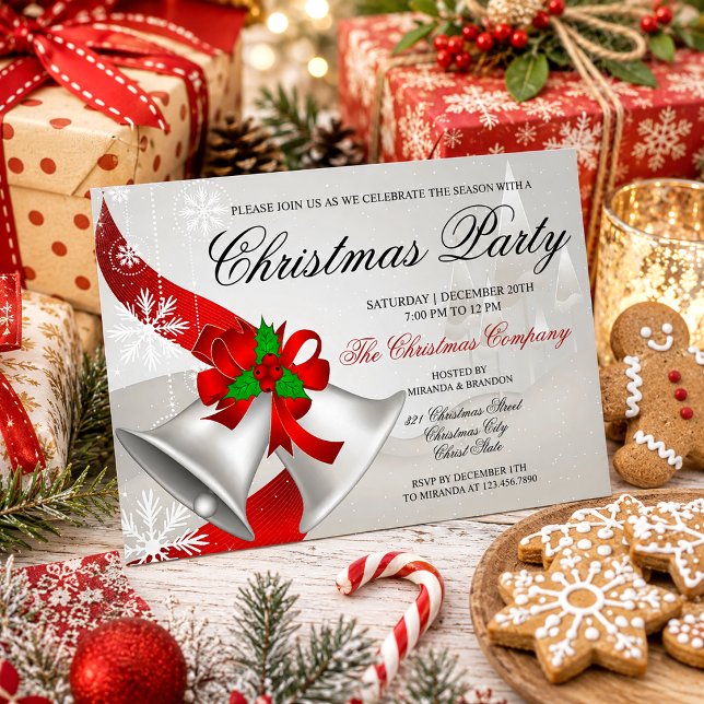 Invitation Fête d'entreprise de Noël Red Loop Silver Bells (Créateur téléchargé)