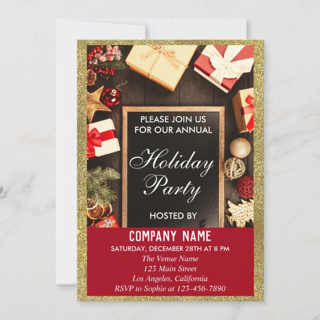 Invitation Fête d'entreprise festive de vacances Red & Gold P (Devant)
