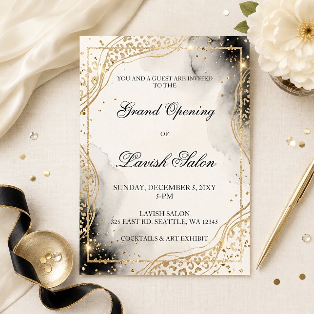 Invitation Fête d'entreprise Impression de léopard noir or Gl (Glam Black Gold Leopard Print Corporate Party Invitation)