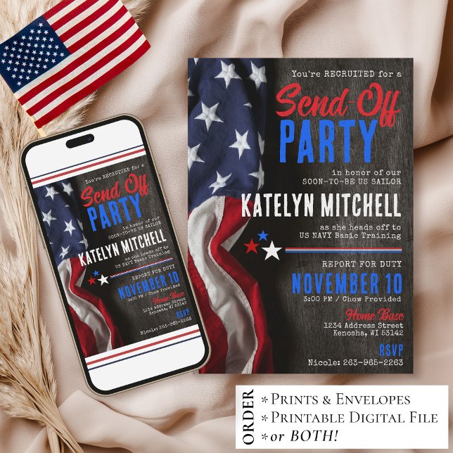 Invitation Fête d'envoi patriotique rustique avec drapeau amé (Printable patriotic US flag military send-off going away farewell party invitation digital download)