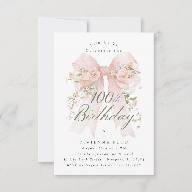 Invitation Fête des 100 ans Anniversaire Rose Coquette Rose F (Devant)