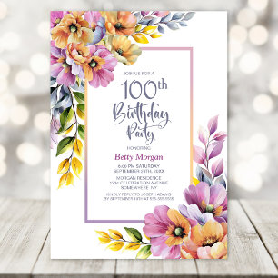 Invitation Fête des 100 ans aux fleurs roses et orange