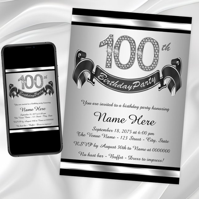 Invitation Fête des 100 ans d'Argent (100th birthday party invitation. Digital download and printed invitations available.)