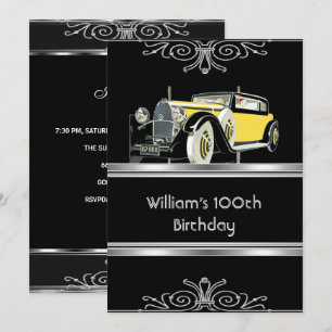 Invitation Fête des 100 ans de l'homme Voiture noire vintage