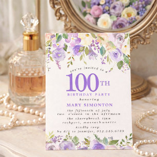 Invitation Fête des 100 ans de PETITE Rose florale violette