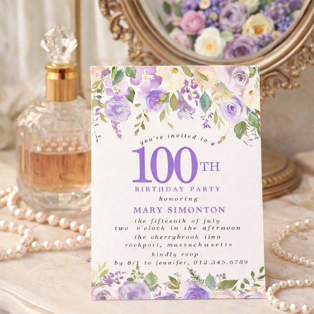 Invitation Fête des 100 ans de PETITE Rose florale violette (Créateur téléchargé)