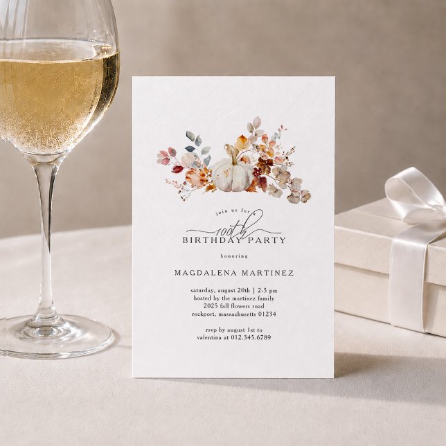 Invitation Fête des 100 ans Fleurs de citrouille blanche d'au (Créateur téléchargé)
